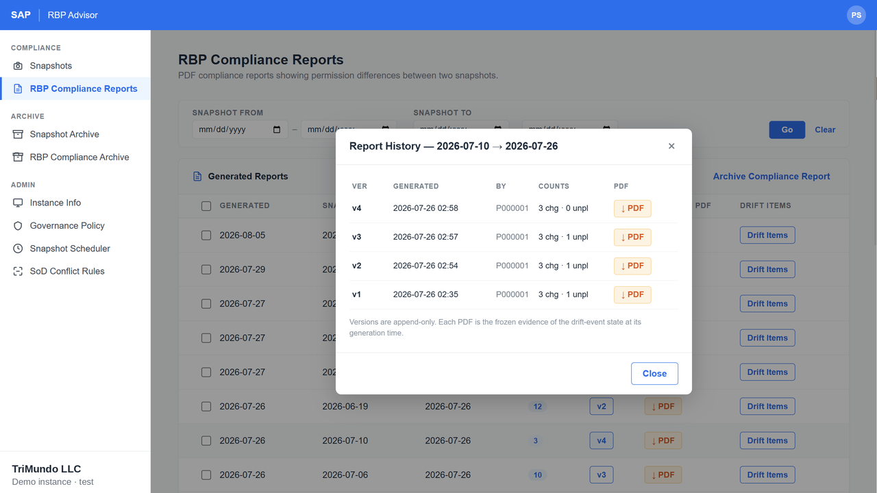 Append-only report version history showing each version's counts, author and frozen PDF